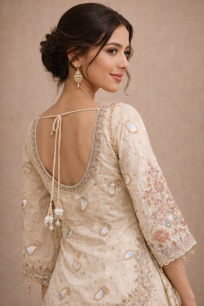 Ivory Multicolor Embroidered Festive Lehenga Set with Floral Thread Work