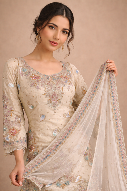 Ivory Multicolor Embroidered Festive Lehenga Set with Floral Thread Work