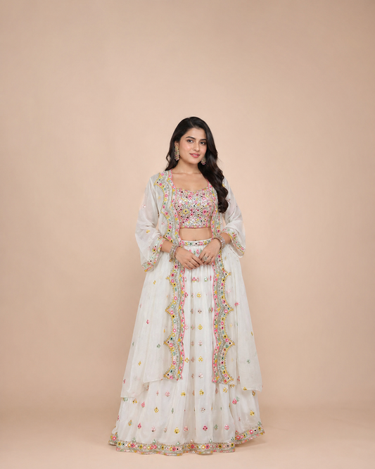 Ivory Multicolor Mirror Work Lehenga Set with Sheer Jacket