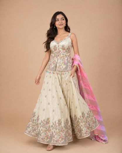 Ivory Multicolor Peacock Embroidered Lehenga Set with Pastel Pink Lavender Dupatta