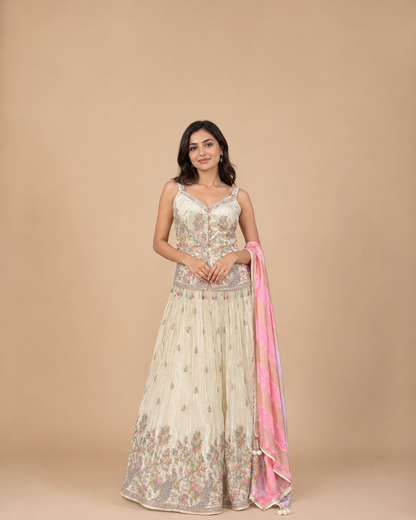 Ivory Multicolor Peacock Embroidered Lehenga Set with Pastel Pink Lavender Dupatta