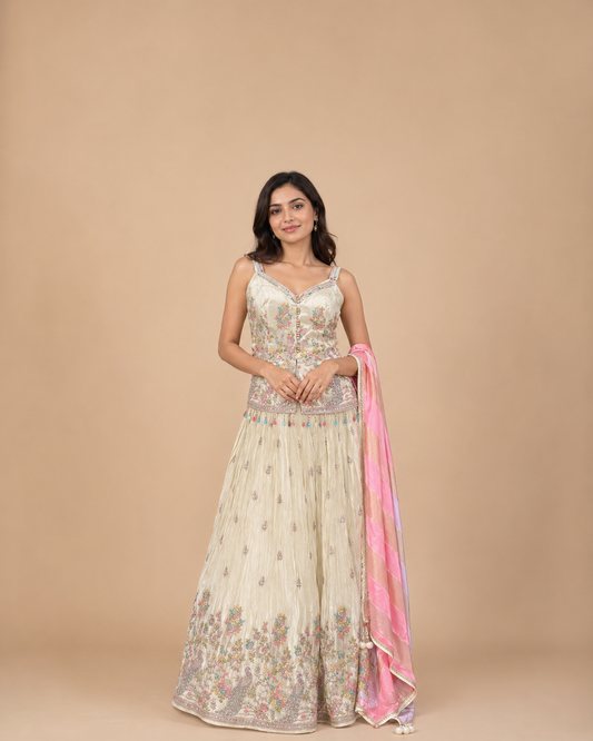 Ivory Multicolor Peacock Embroidered Lehenga Set with Pastel Pink Lavender Dupatta