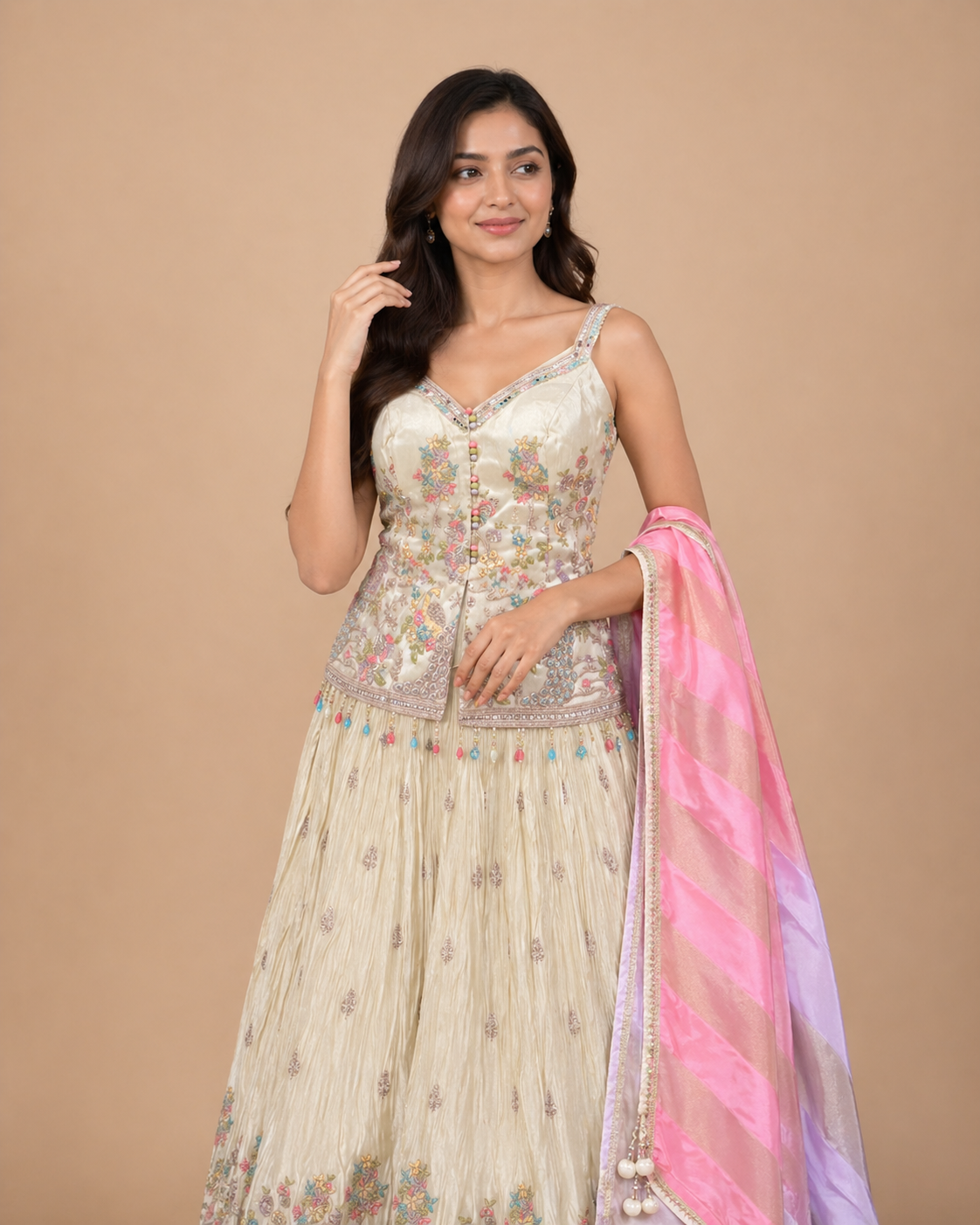 Ivory Multicolor Peacock Embroidered Lehenga Set with Pastel Pink Lavender Dupatta