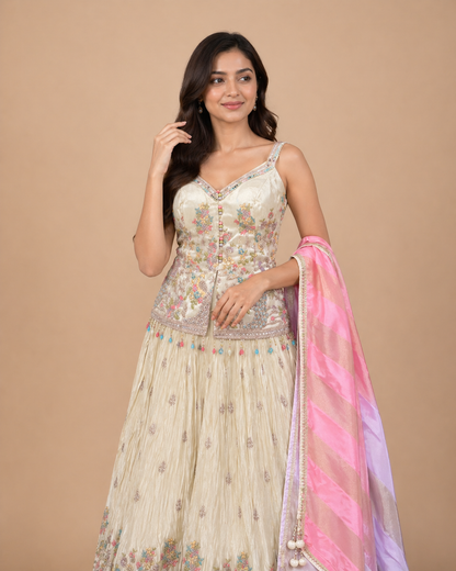 Ivory Multicolor Peacock Embroidered Lehenga Set with Pastel Pink Lavender Dupatta