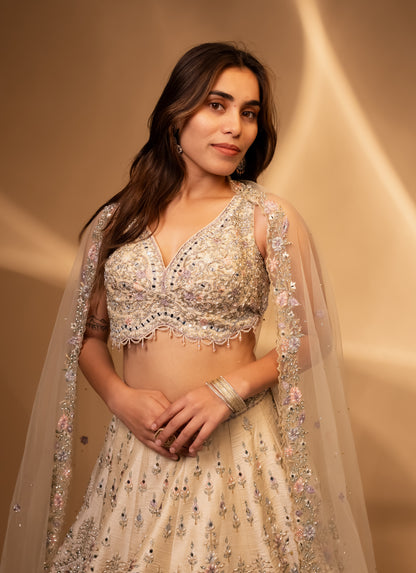 Ivory Pastel Embroidered Bridal Lehenga Choli with Crystal Handwork