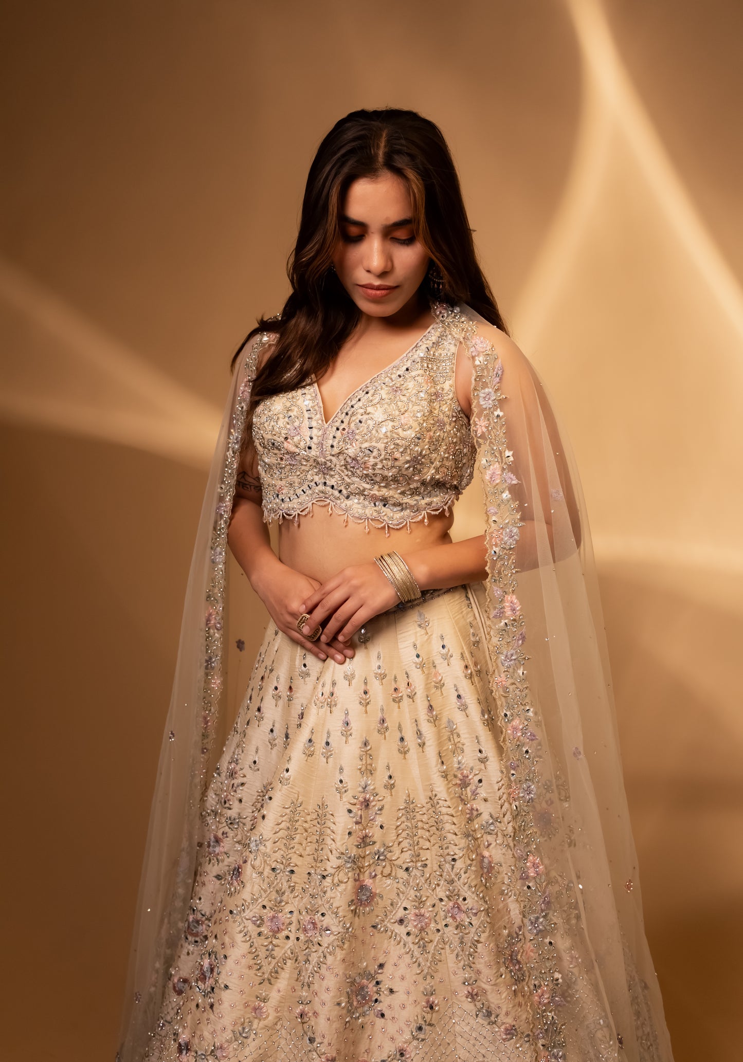 Ivory Pastel Embroidered Bridal Lehenga Choli with Crystal Handwork