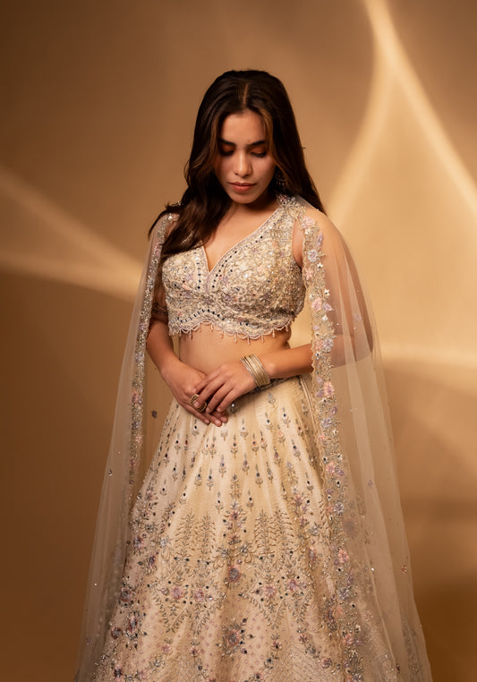 Ivory Pastel Embroidered Bridal Lehenga Choli with Crystal Handwork