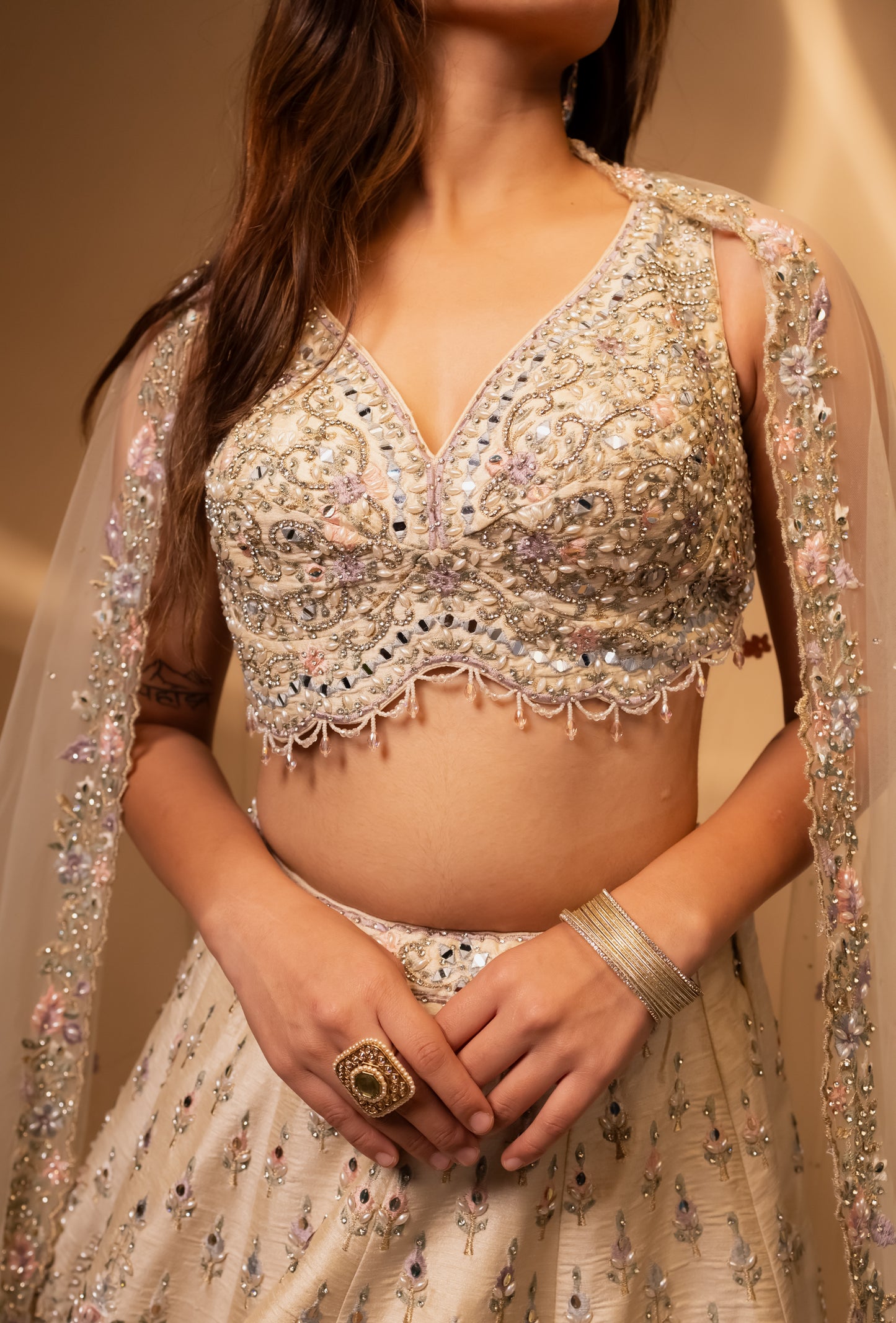 Ivory Pastel Embroidered Bridal Lehenga Choli with Crystal Handwork