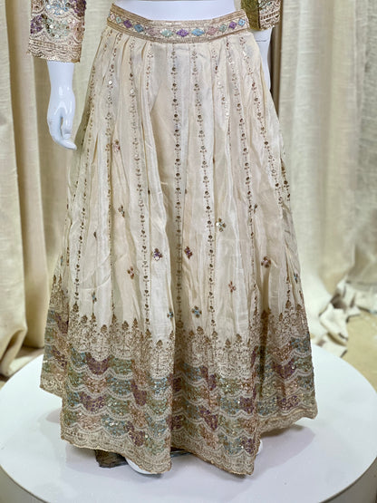 Ivory Pearl Embroidered Lehenga Set with Jacket for Girls