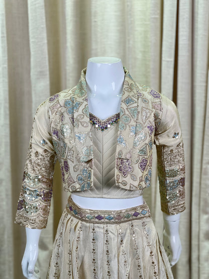 Ivory Pearl Embroidered Lehenga Set with Jacket for Girls