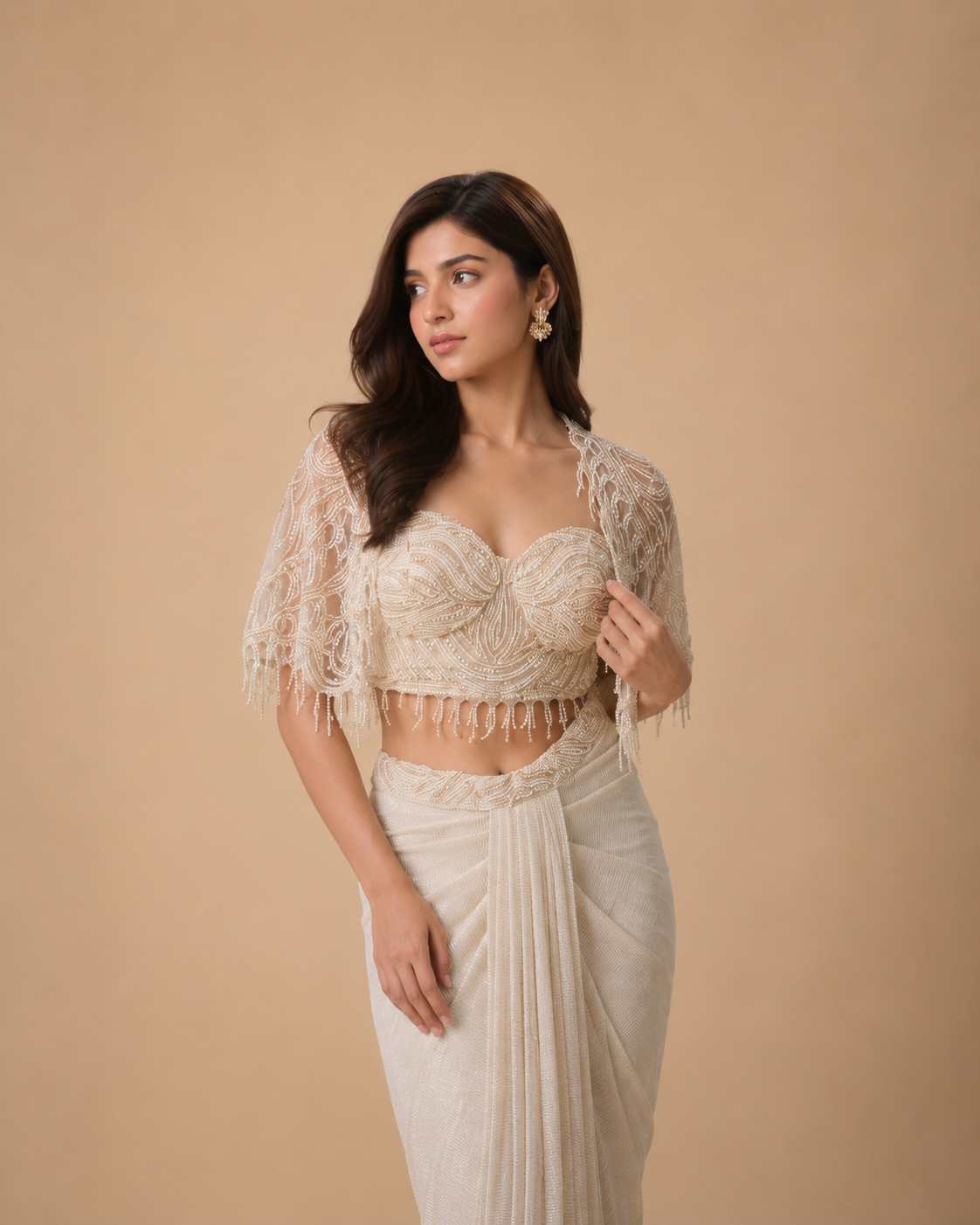 Ivory Pearl Handwork Designer Draped Saree with Embellished Cape Blouse