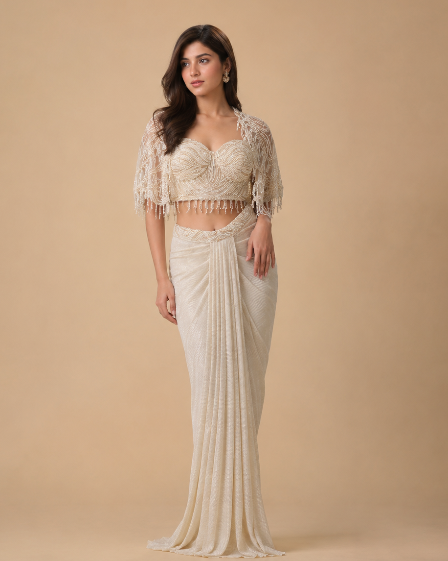 Ivory Pearl Handwork Designer Draped Saree with Embellished Cape Blouse