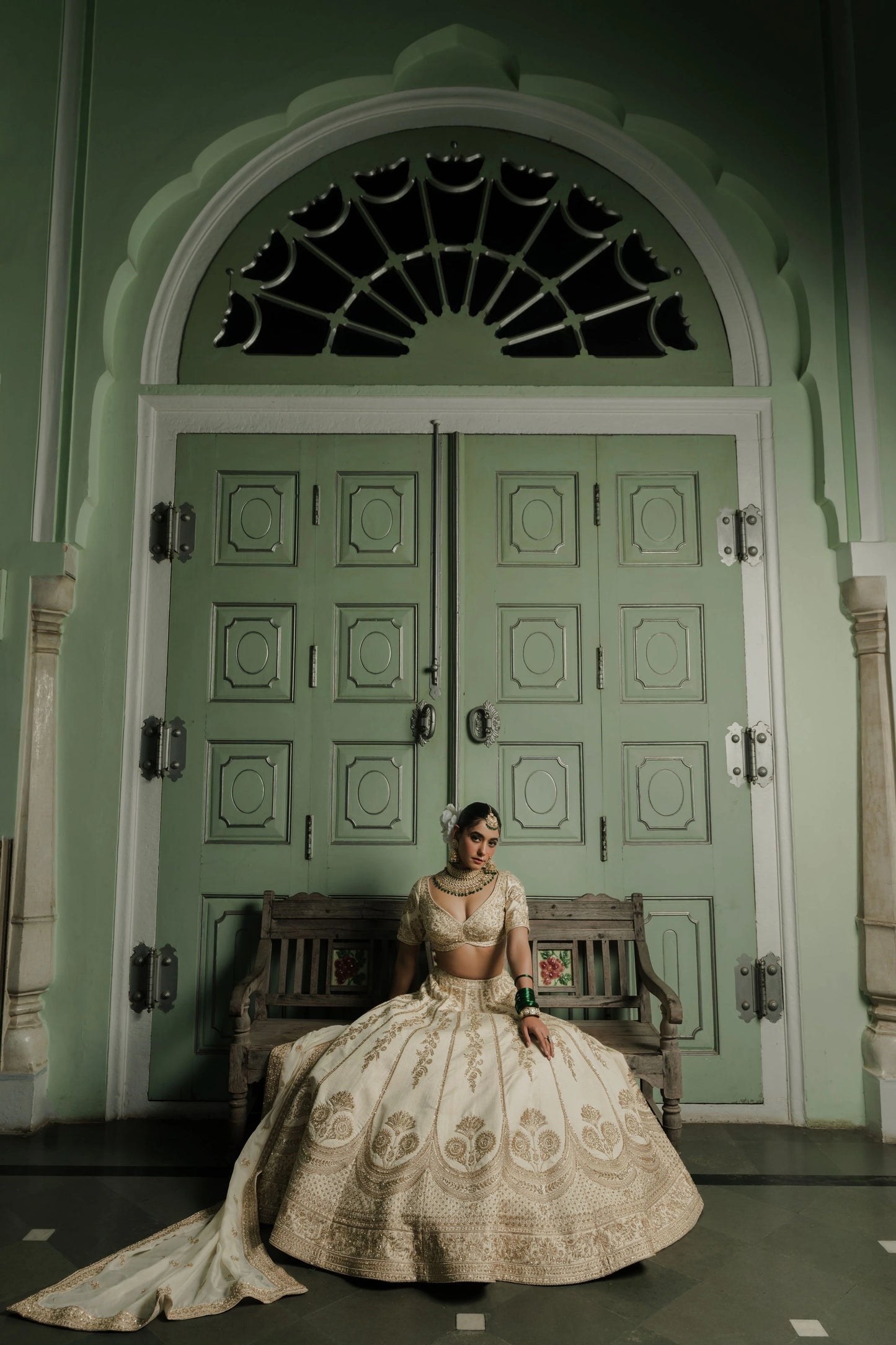 Ivory Raw Silk Lehenga with Antique Zardosi Embroidery
