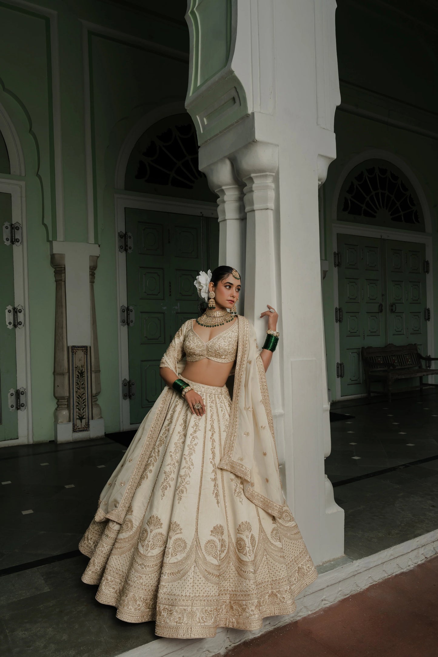 Ivory Raw Silk Lehenga with Antique Zardosi Embroidery