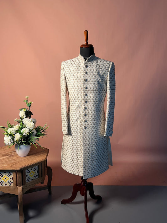 Ivory Royal Buttoned Sherwani with All-Over Thread Embroidery