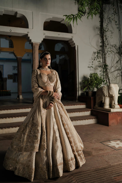 Ivory Silk Lehenga with Zardosi & Sequin Embroidery