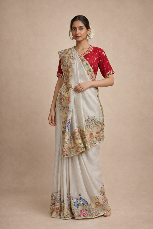 Ivory Silk Saree with Multicolor Peacock Embroidery and Red Blouse