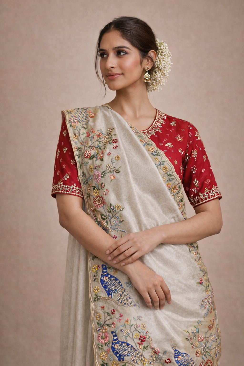 Ivory Silk Saree with Multicolor Peacock Embroidery and Red Blouse