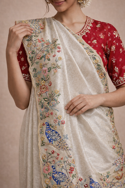 Ivory Silk Saree with Multicolor Peacock Embroidery and Red Blouse
