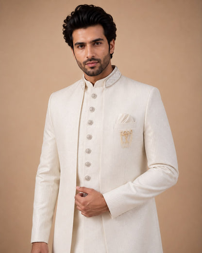 Ivory Textured Embroidered Indo Western with Mandarin Collar
