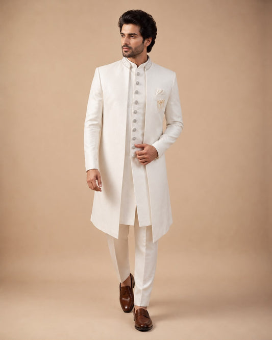 Ivory Textured Embroidered Indo Western with Mandarin Collar
