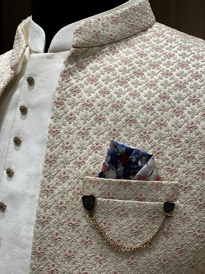 Ivory Textured Indo-Western with Subtle Geometric Embroidery