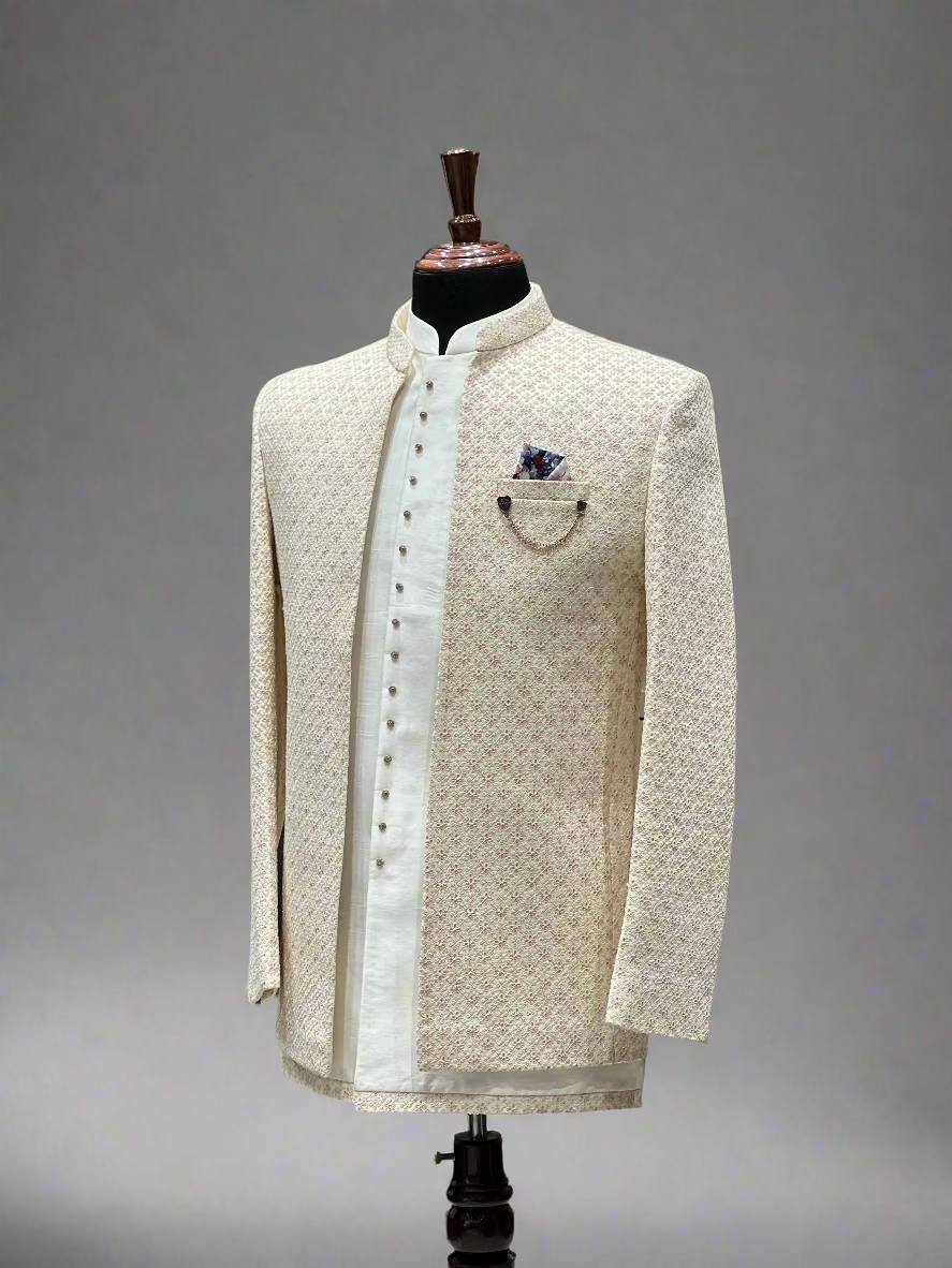 Ivory Textured Indo-Western with Subtle Geometric Embroidery