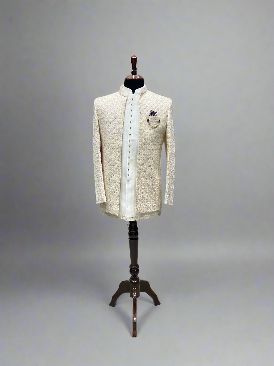 Ivory Textured Indo-Western with Subtle Geometric Embroidery