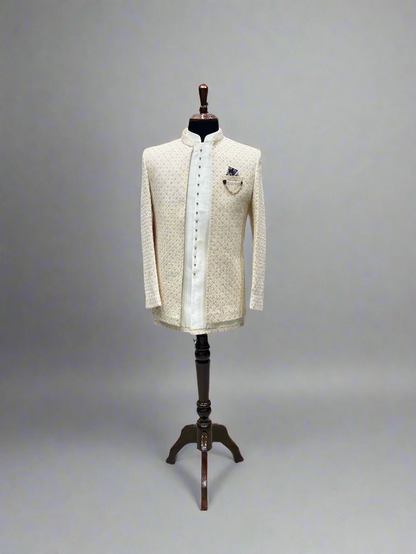 Ivory Textured Indo-Western with Subtle Geometric Embroidery