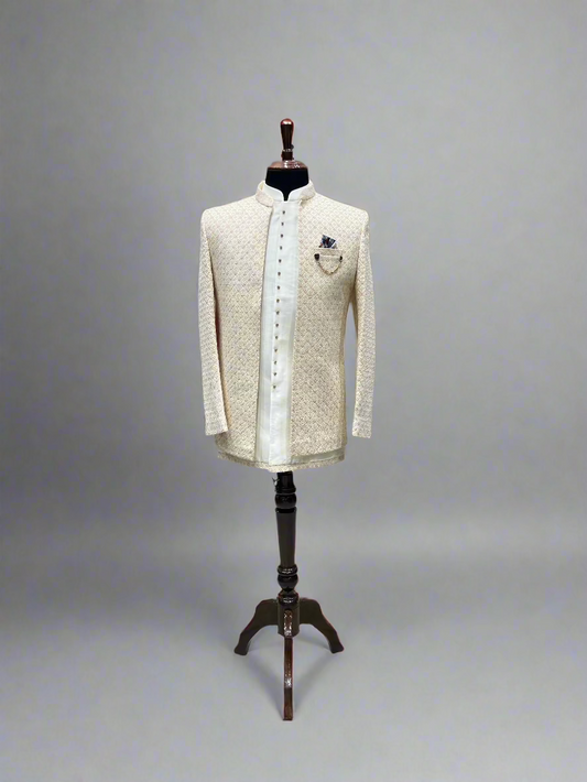Ivory Textured Indo-Western with Subtle Geometric Embroidery