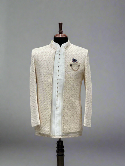 Ivory Textured Indo-Western with Subtle Geometric Embroidery