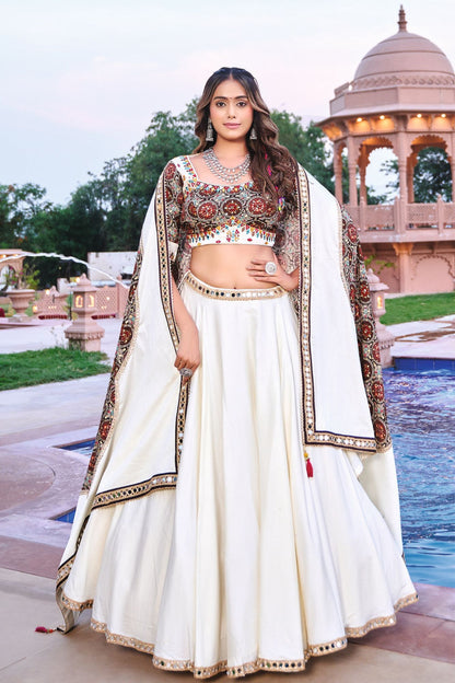 Ivory White Chaniya Choli with Kutchi Mirror Work Blouse & Dupatta