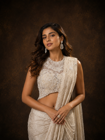 Ivory White Designer Embroidered Saree with High Neck Handcrafted Blouse