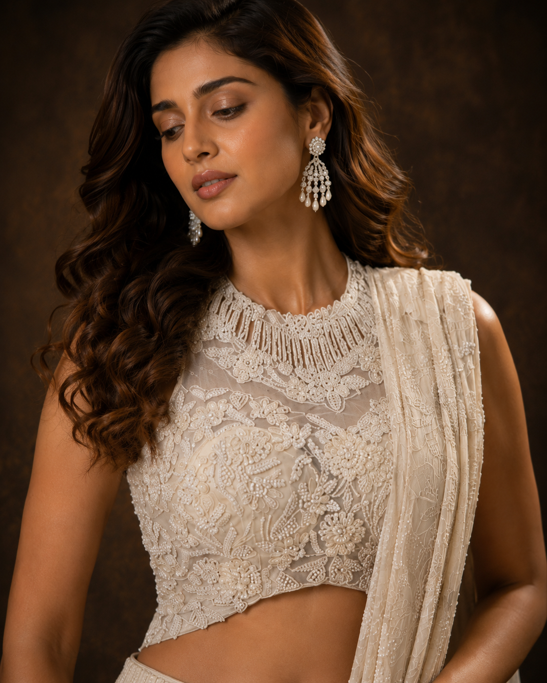 Ivory White Designer Embroidered Saree with High Neck Handcrafted Blouse