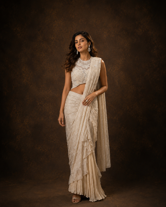 Ivory White Designer Embroidered Saree with High Neck Handcrafted Blouse