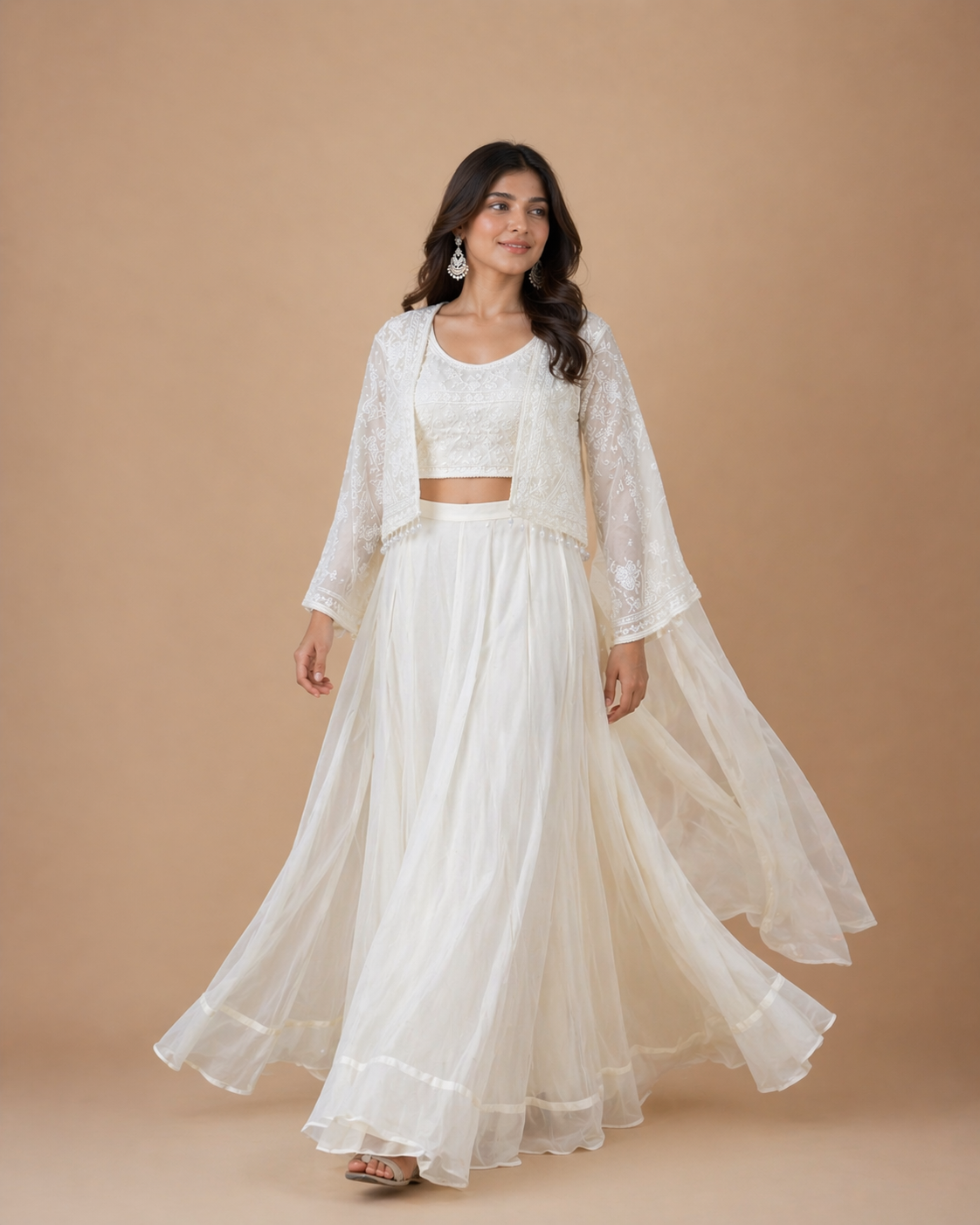 Ivory White Embroidered Lehenga Set with Threadwork Blouse & Sheer Jacket