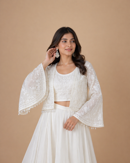 Ivory White Embroidered Lehenga Set with Threadwork Blouse & Sheer Jacket
