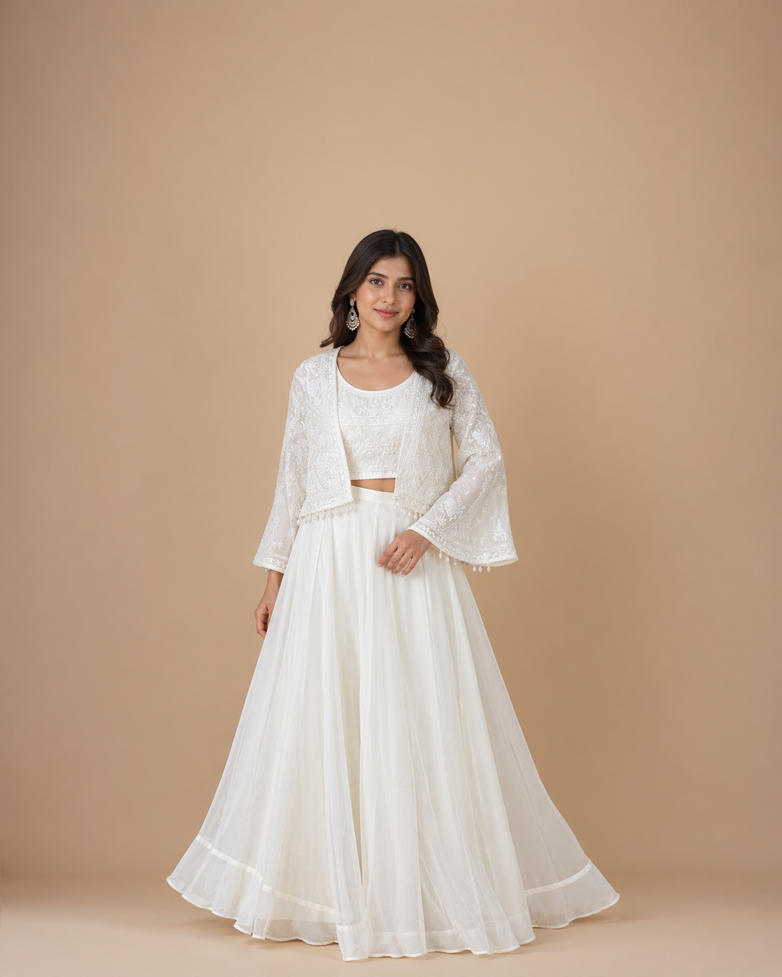 Ivory White Embroidered Lehenga Set with Threadwork Blouse & Sheer Jacket
