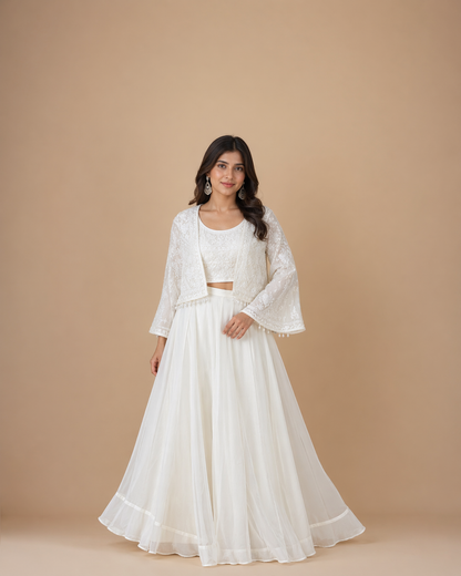 Ivory White Embroidered Lehenga Set with Threadwork Blouse & Sheer Jacket