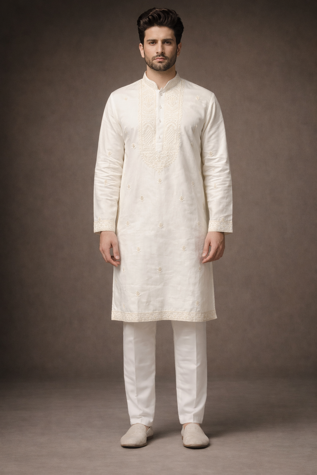 Ivory White Embroidered Silk Kurta Set for Men