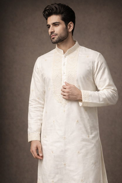 Ivory White Embroidered Silk Kurta Set for Men