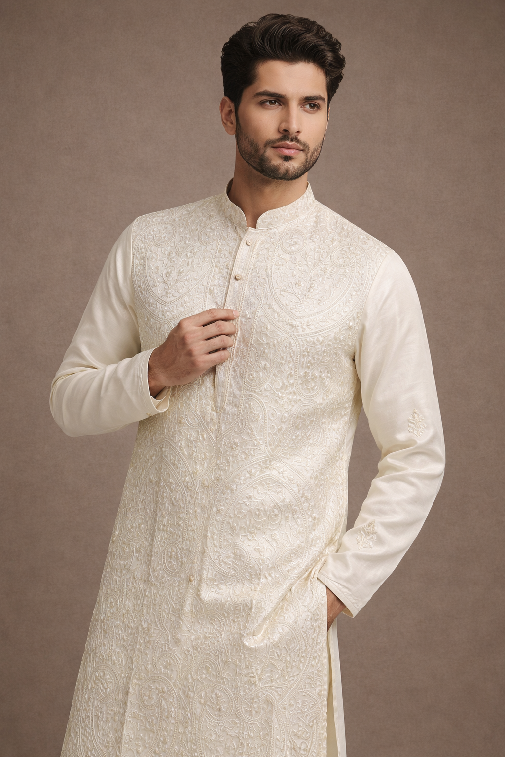 Ivory White Embroidered Silk Kurta Set for Men with Straight Fit Pants