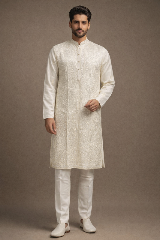 Ivory White Embroidered Silk Kurta Set for Men with Straight Fit Pants
