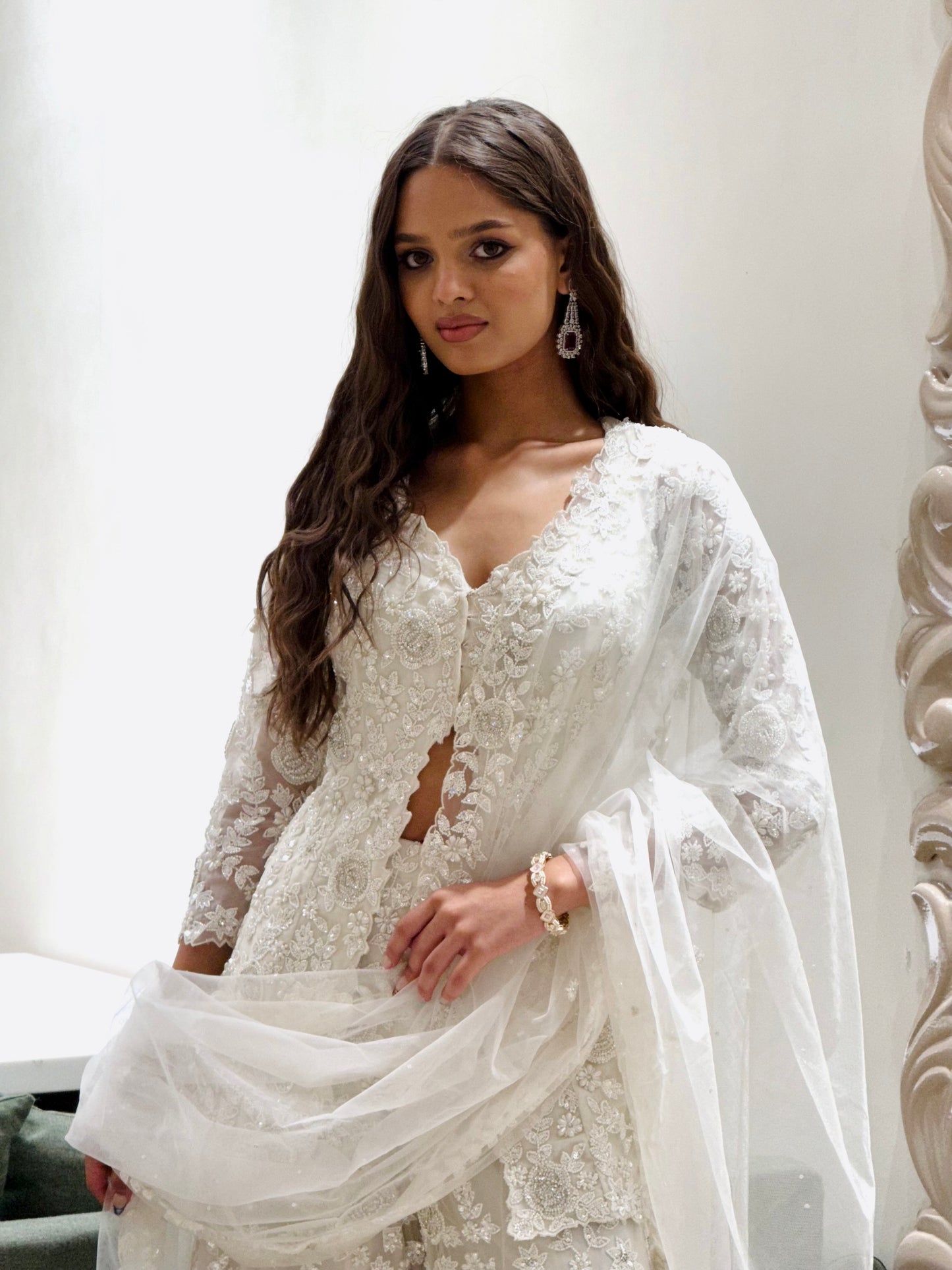 Ivory White Indo-Western Set with Delicate Thread and Bead Embroidery