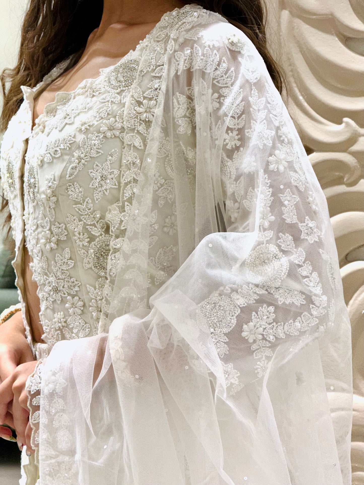 Ivory White Indo-Western Set with Delicate Thread and Bead Embroidery