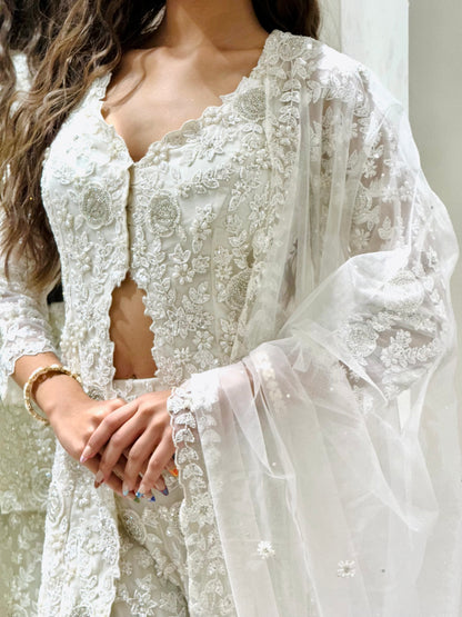 Ivory White Indo-Western Set with Delicate Thread and Bead Embroidery