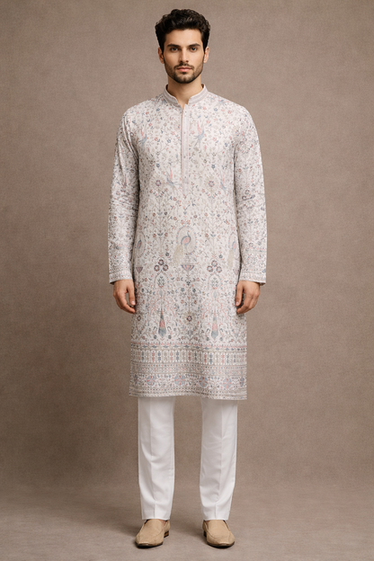 Ivory White Multicolor Embroidered Premium Silk Kurta Set
