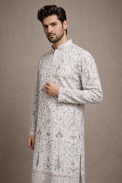 Ivory White Multicolor Embroidered Premium Silk Kurta Set