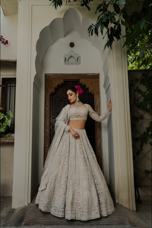 Ivory White Net Designer Lehenga Choli