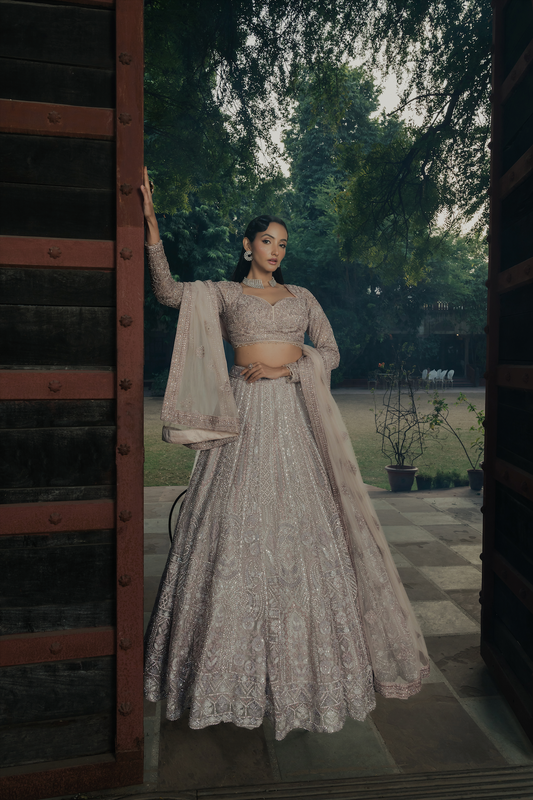 Ivory White Net Designer Lehenga with Sequins & Embroidery